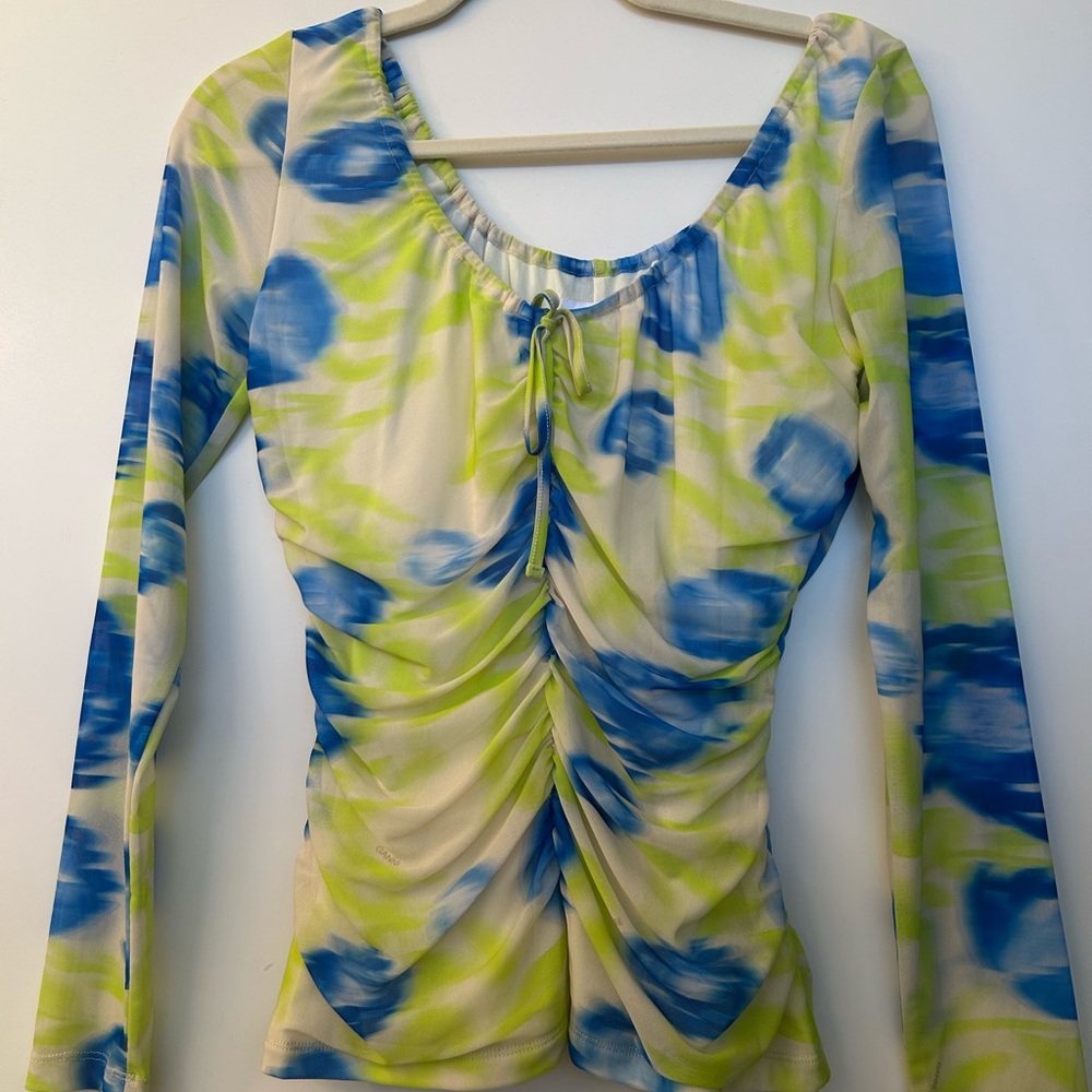 Ganni Blue and Yellow Ruched Women's Top